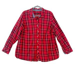 Talbots Button Down Top Women's 2X Red‎ Plaid Metallic Roll Tab Sleeve Collared